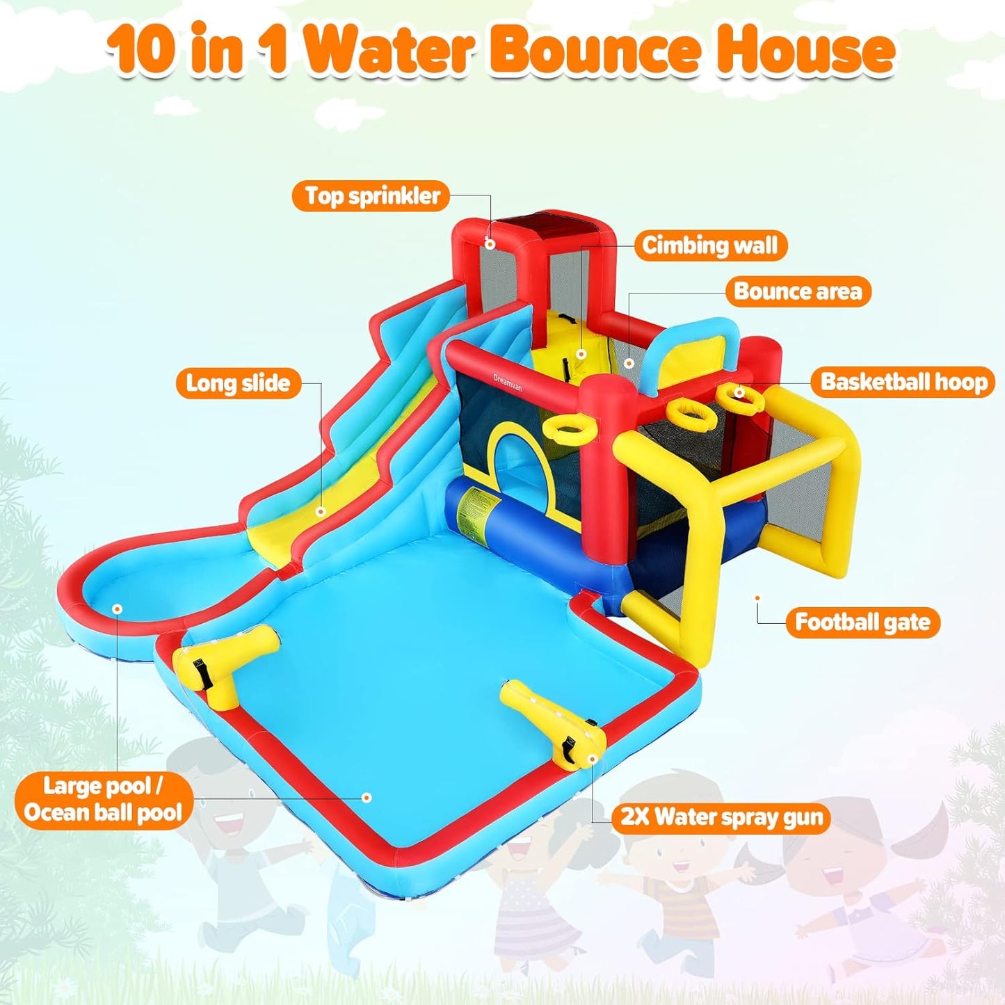 KeepFuns Colorful inflatable water park, children's slide castle combination, outdoor parent-child interactive water fort, inflatable amusement facilities with fan storage bag