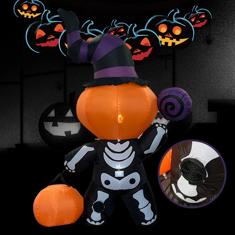 6FT Halloween Inflatable Pumpkin - Skeleton Decor - LED - Lit Witch Hat & Lollipop Design, Outdoor Yard Decoration for Halloween Party, Lawn, Garden